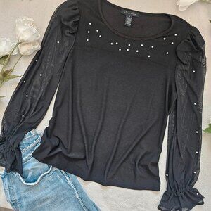 Black Pearl Mesh Sleeve Blouse Puff Sleeve Sheer Elegant Top M